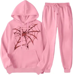 Women Y2k Sweatsuits Spider Web Hoodies Vintage Oversized Long Sleeve Sweatshirt and Pant Teen Girls Cute Streetwear