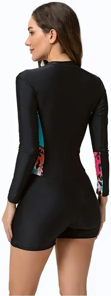 Women Zipper Rash Guard Long Sleeves Sun Protection Surf Rashguard Boyleg One Piece Sport Swimsuit Padded Bathing Suits