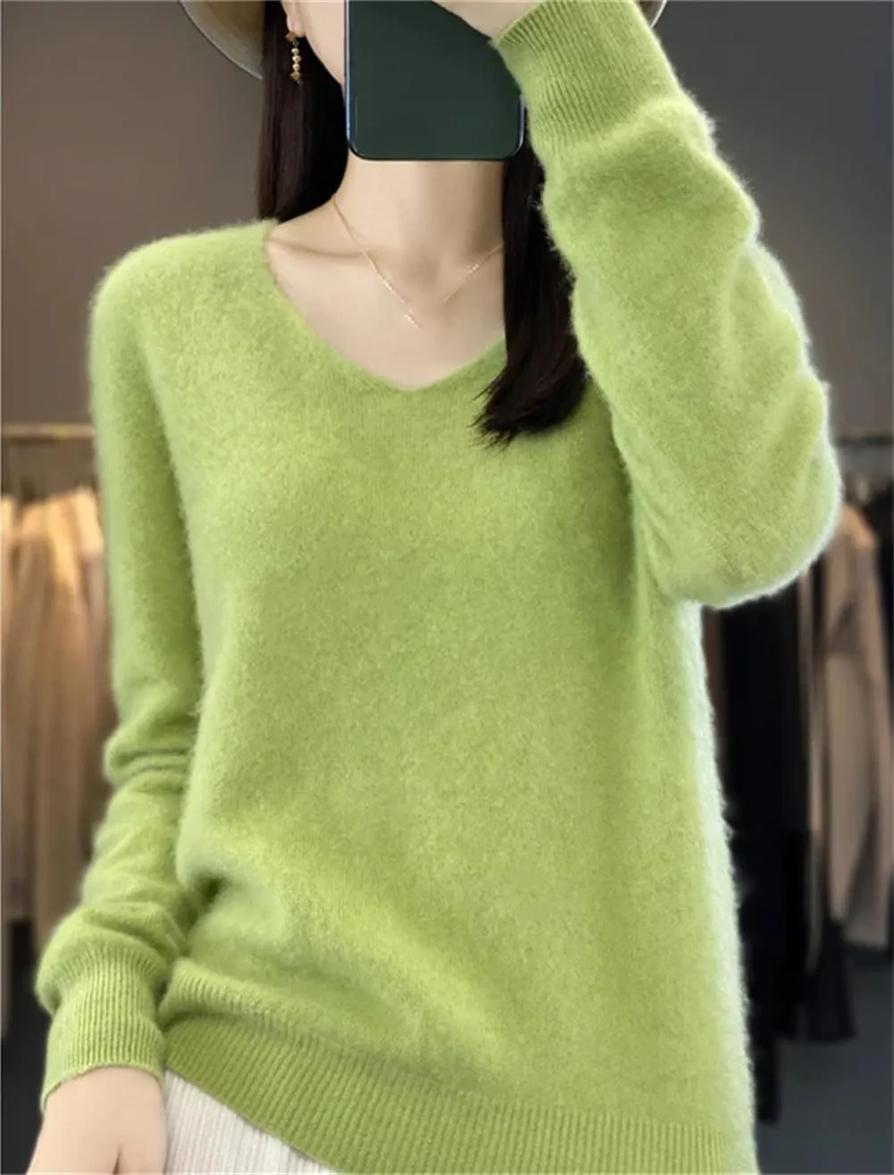 Women's 100% Merino Wool Seamless Sweater Solid Color V Neck Pullover Basic Casual Jumper Tops