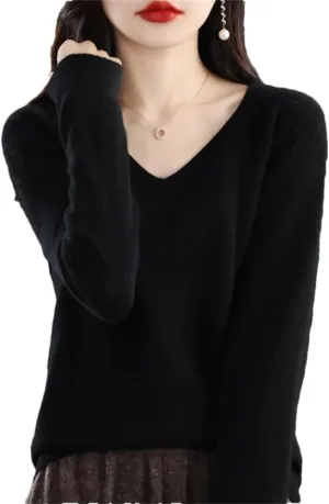 Women's 100% Merino Wool Seamless Sweater Solid Color V Neck Pullover Basic Casual Jumper Tops