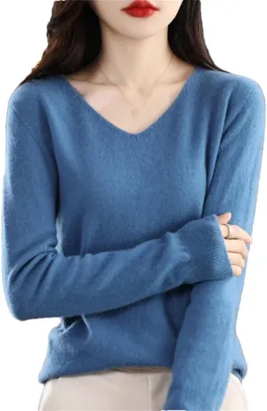 Women's 100% Merino Wool Seamless Sweater Solid Color V Neck Pullover Basic Casual Jumper Tops