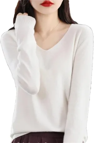 Women's 100% Merino Wool Seamless Sweater Solid Color V Neck Pullover Basic Casual Jumper Tops