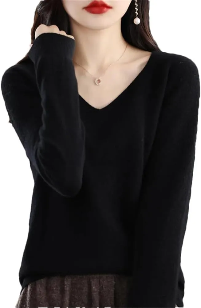 Women's 100% Merino Wool Seamless Sweater Solid Color V Neck Pullover Basic Casual Jumper Tops