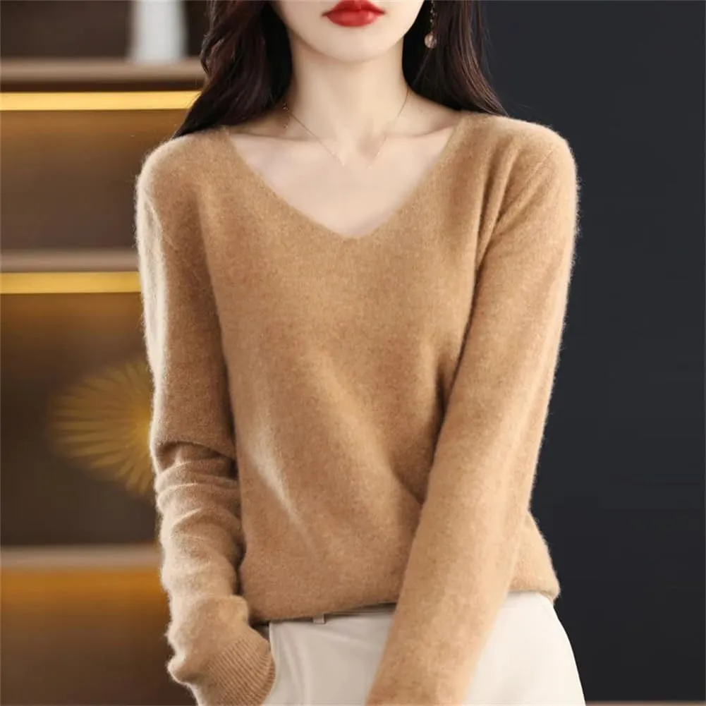 Women's 100% Merino Wool Seamless Sweater Solid Color V Neck Pullover Basic Casual Jumper Tops