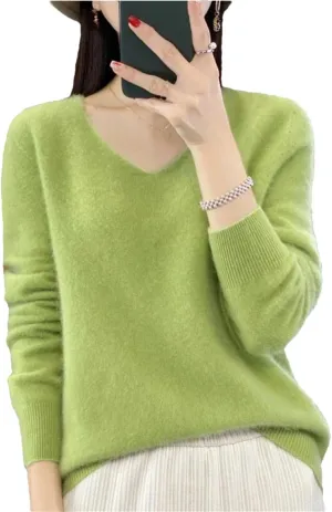 Women's 100% Merino Wool Seamless Sweater Solid Color V Neck Pullover Basic Casual Jumper Tops