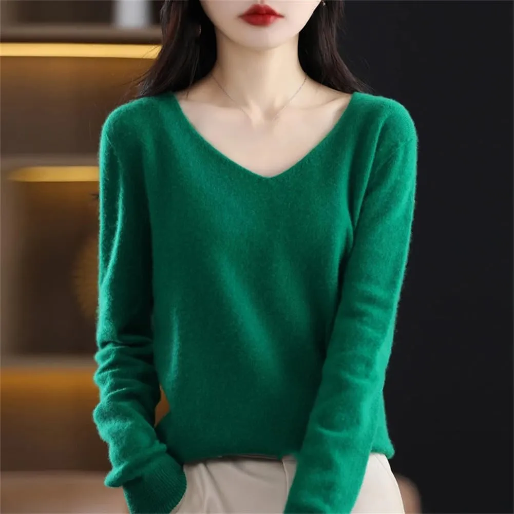 Women's 100% Merino Wool Seamless Sweater Solid Color V Neck Pullover Basic Casual Jumper Tops
