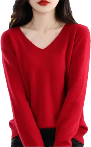 Women's 100% Merino Wool Seamless Sweater Solid Color V Neck Pullover Basic Casual Jumper Tops