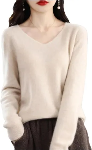 Women's 100% Merino Wool Seamless Sweater Solid Color V Neck Pullover Basic Casual Jumper Tops