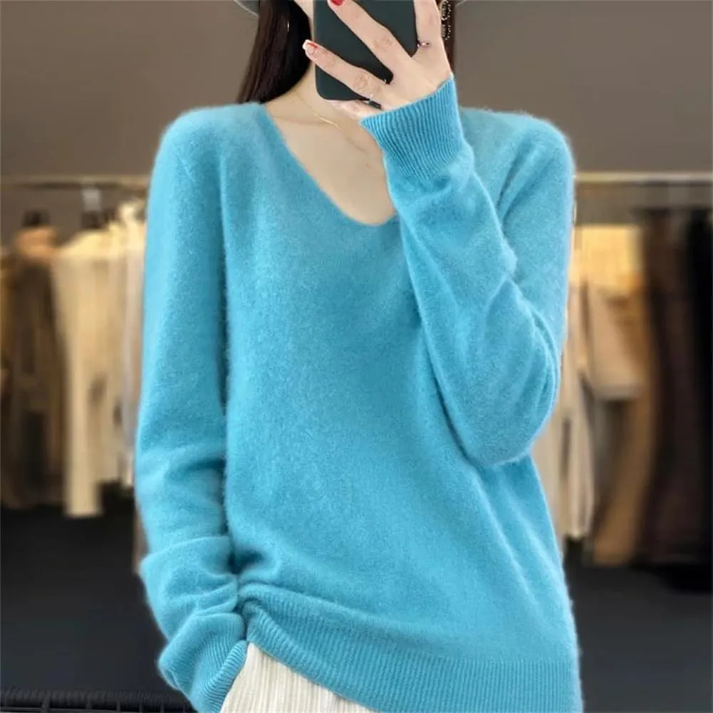Women's 100% Merino Wool Seamless Sweater Solid Color V Neck Pullover Basic Casual Jumper Tops