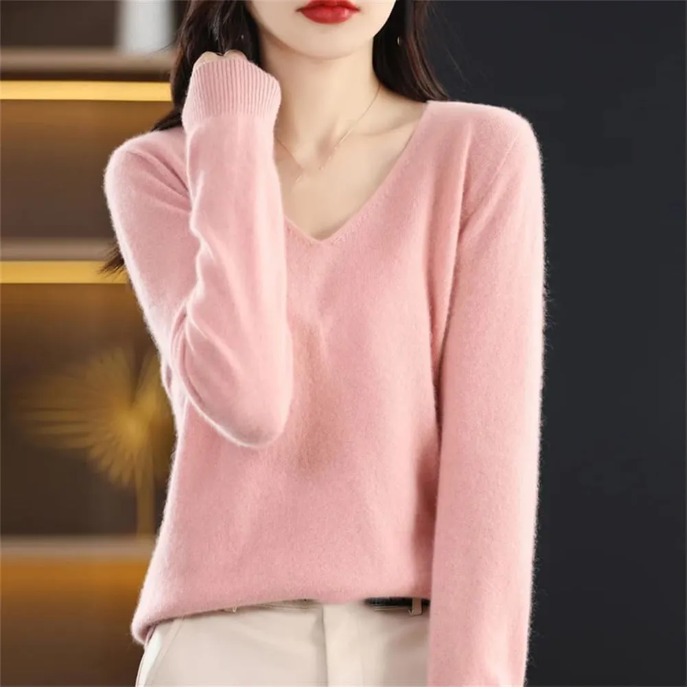 Women's 100% Merino Wool Seamless Sweater Solid Color V Neck Pullover Basic Casual Jumper Tops