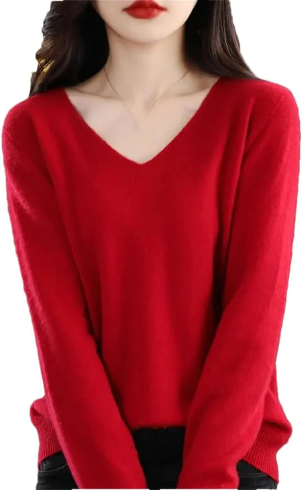 Women's 100% Merino Wool Seamless Sweater Solid Color V Neck Pullover Basic Casual Jumper Tops