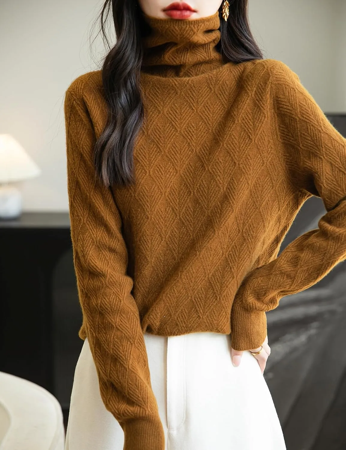 Women's 100% Merino Wool Sweater 2025 Fall Winter Fashion Turtleneck Warm Long Sleeve Cable Knit Sweater Tops