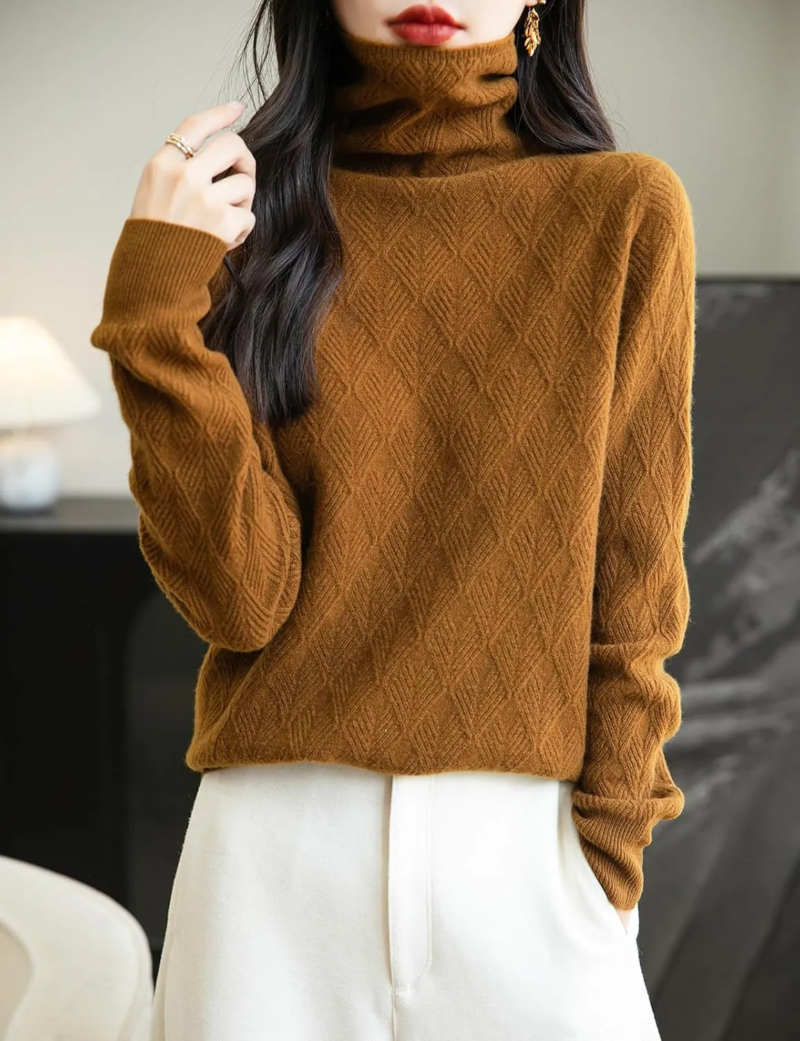 Women's 100% Merino Wool Sweater 2025 Fall Winter Fashion Turtleneck Warm Long Sleeve Cable Knit Sweater Tops