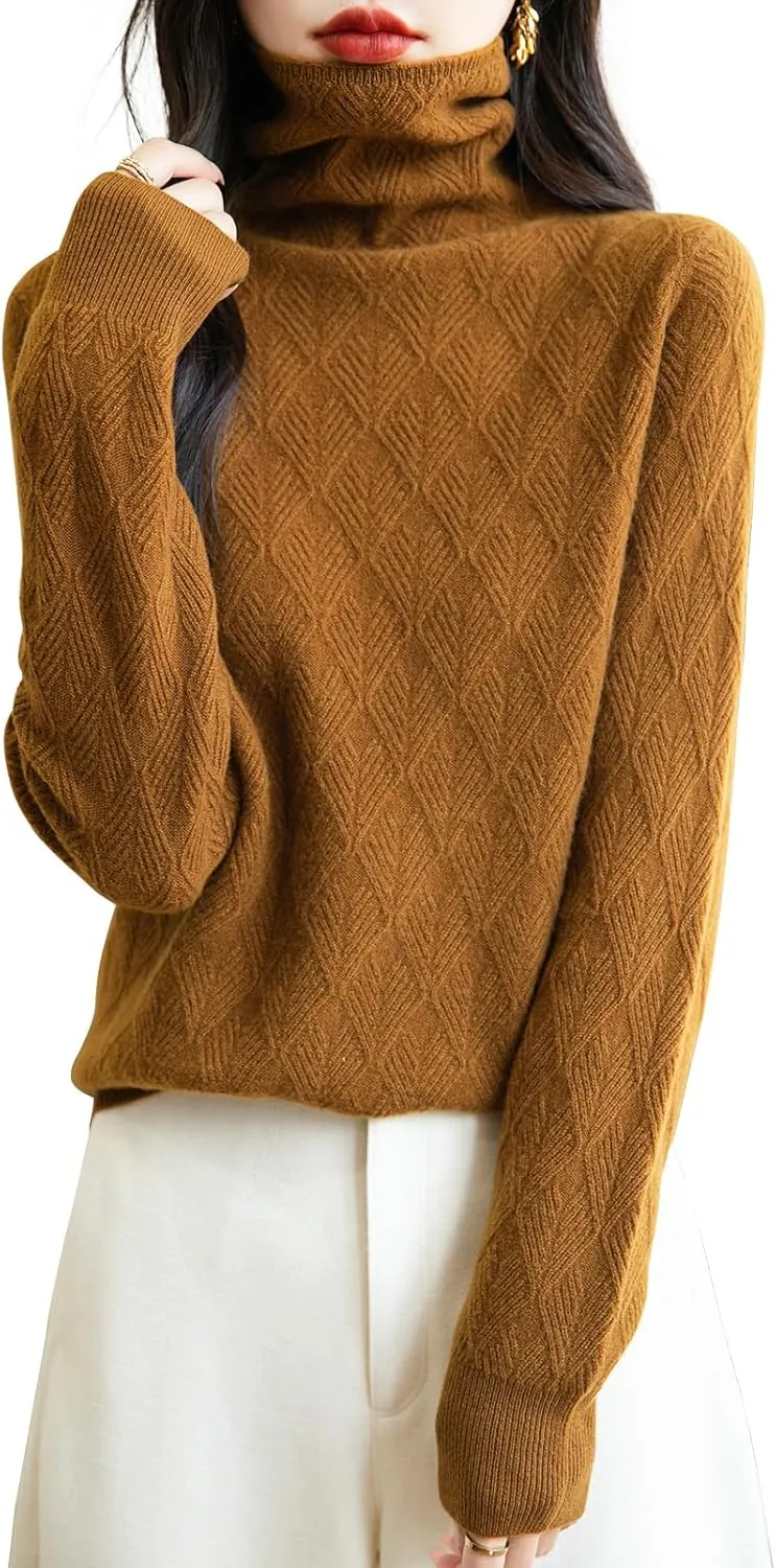 Women's 100% Merino Wool Sweater 2025 Fall Winter Fashion Turtleneck Warm Long Sleeve Cable Knit Sweater Tops