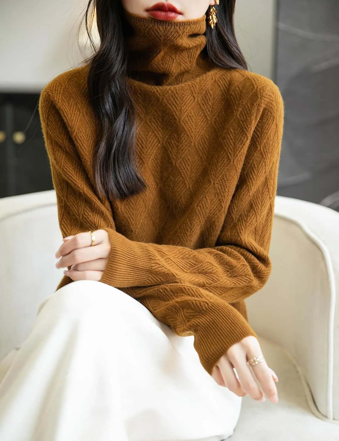 Women's 100% Merino Wool Sweater 2025 Fall Winter Fashion Turtleneck Warm Long Sleeve Cable Knit Sweater Tops