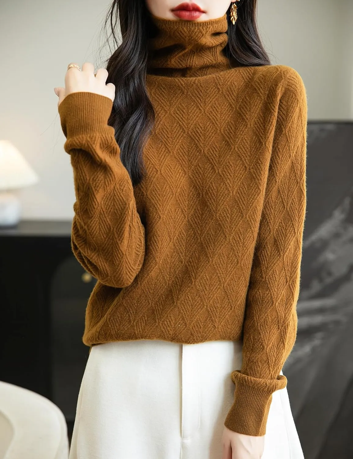 Women's 100% Merino Wool Sweater 2025 Fall Winter Fashion Turtleneck Warm Long Sleeve Cable Knit Sweater Tops