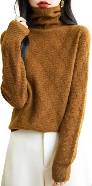 Women's 100% Merino Wool Sweater 2025 Fall Winter Fashion Turtleneck Warm Long Sleeve Cable Knit Sweater Tops