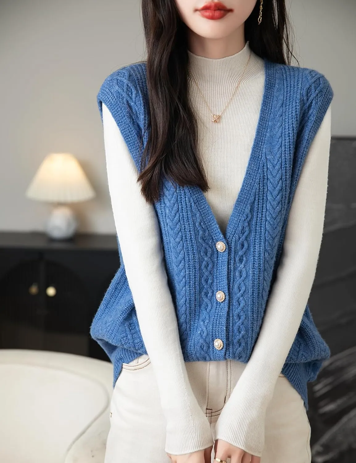 Women's 100% Merino Wool Sweater Vest 2025 Fall Winter V Neck Button Down Sleeveless Cable Knit Sweater Vest