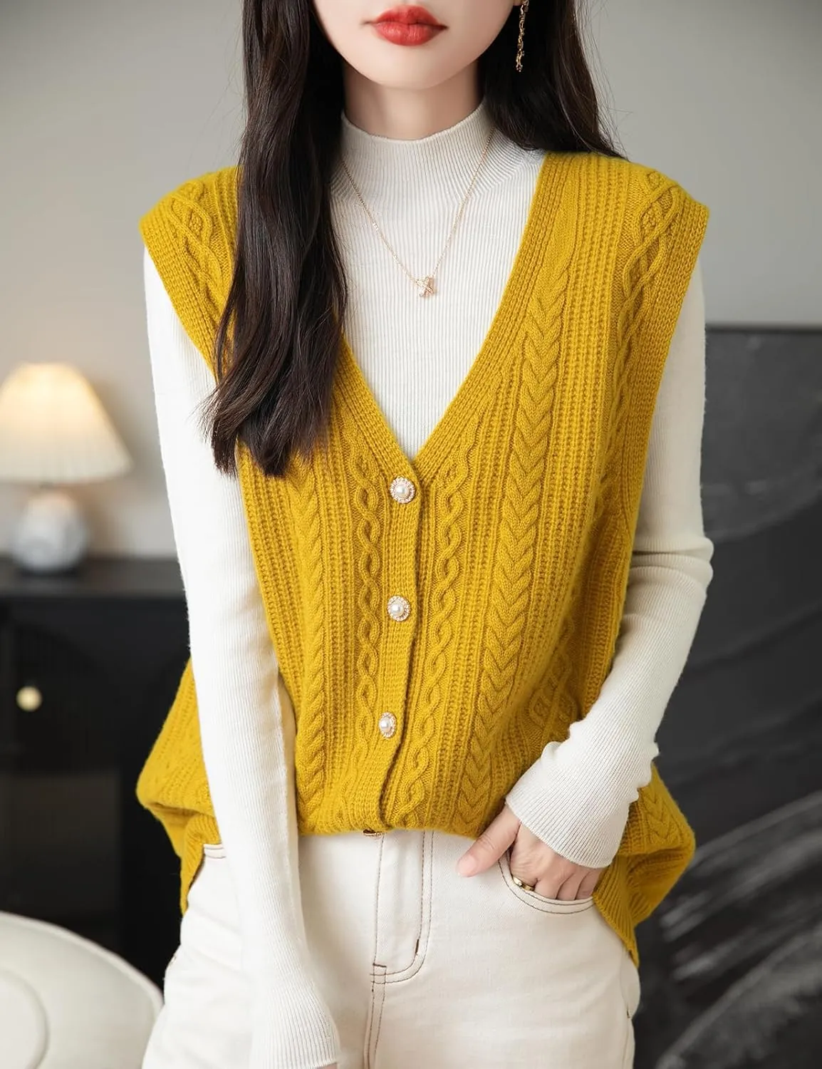 Women's 100% Merino Wool Sweater Vest 2025 Fall Winter V Neck Button Down Sleeveless Cable Knit Sweater Vest