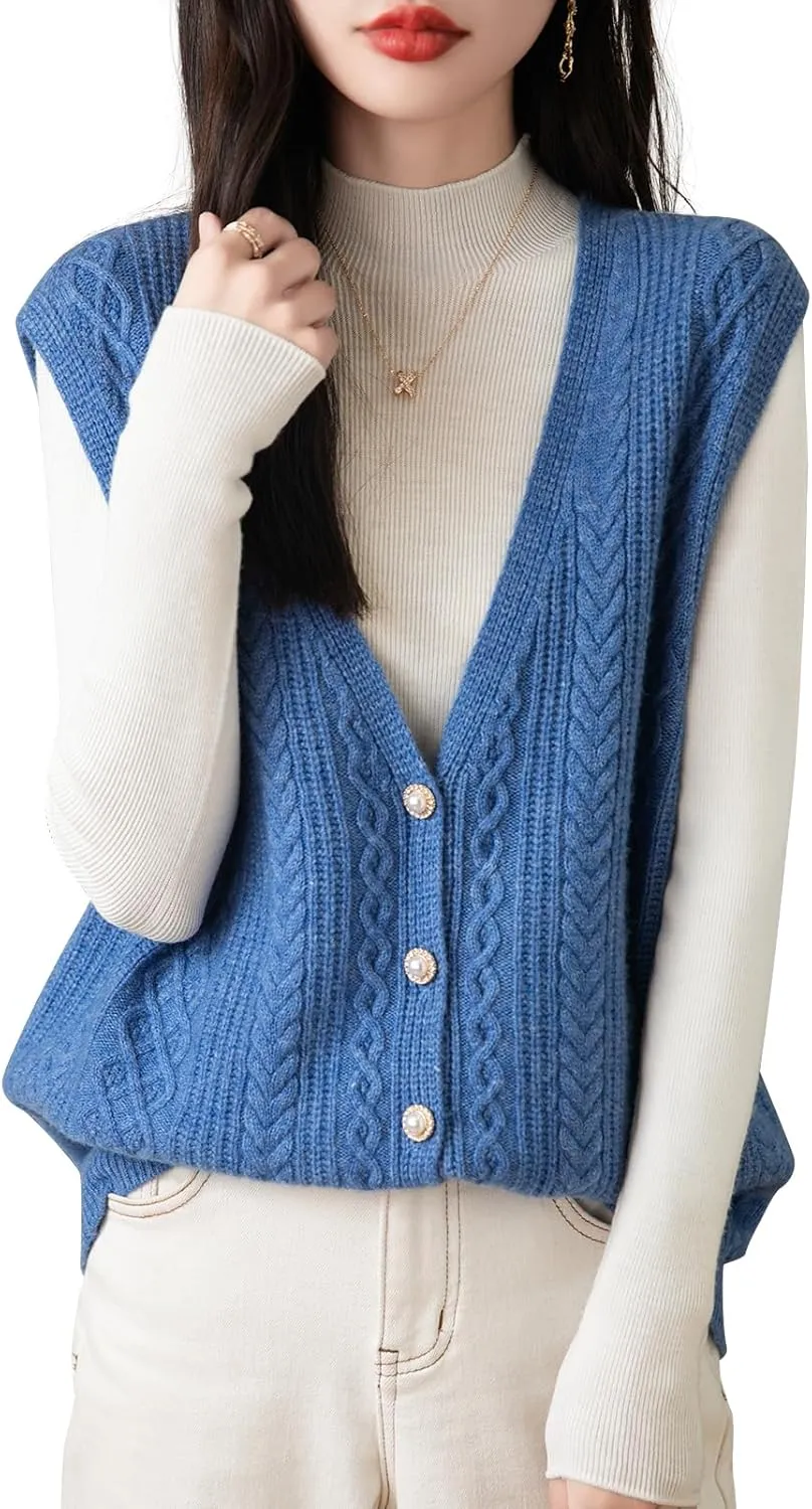 Women's 100% Merino Wool Sweater Vest 2025 Fall Winter V Neck Button Down Sleeveless Cable Knit Sweater Vest