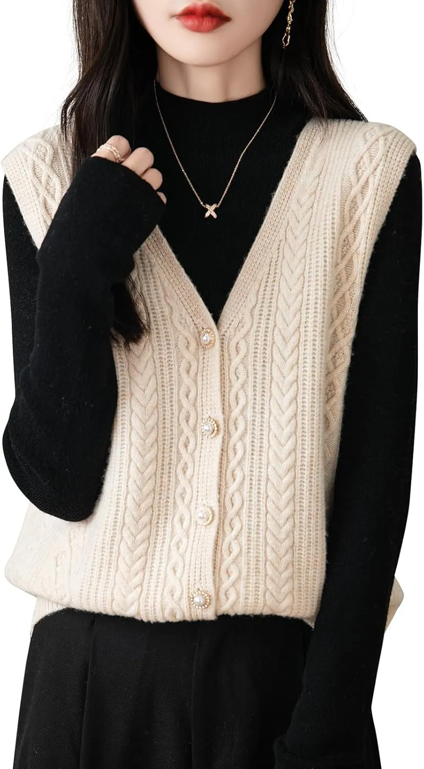 Women's 100% Merino Wool Sweater Vest 2025 Fall Winter V Neck Button Down Sleeveless Cable Knit Sweater Vest