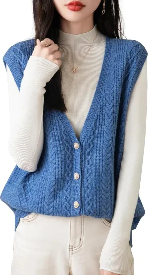 Women's 100% Merino Wool Sweater Vest 2025 Fall Winter V Neck Button Down Sleeveless Cable Knit Sweater Vest