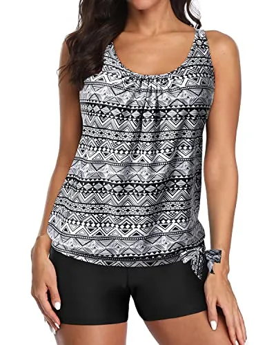 Women's 2 Piece Blouson Tankini Swimsuit Shorts For Tummy Control-Black Tribal