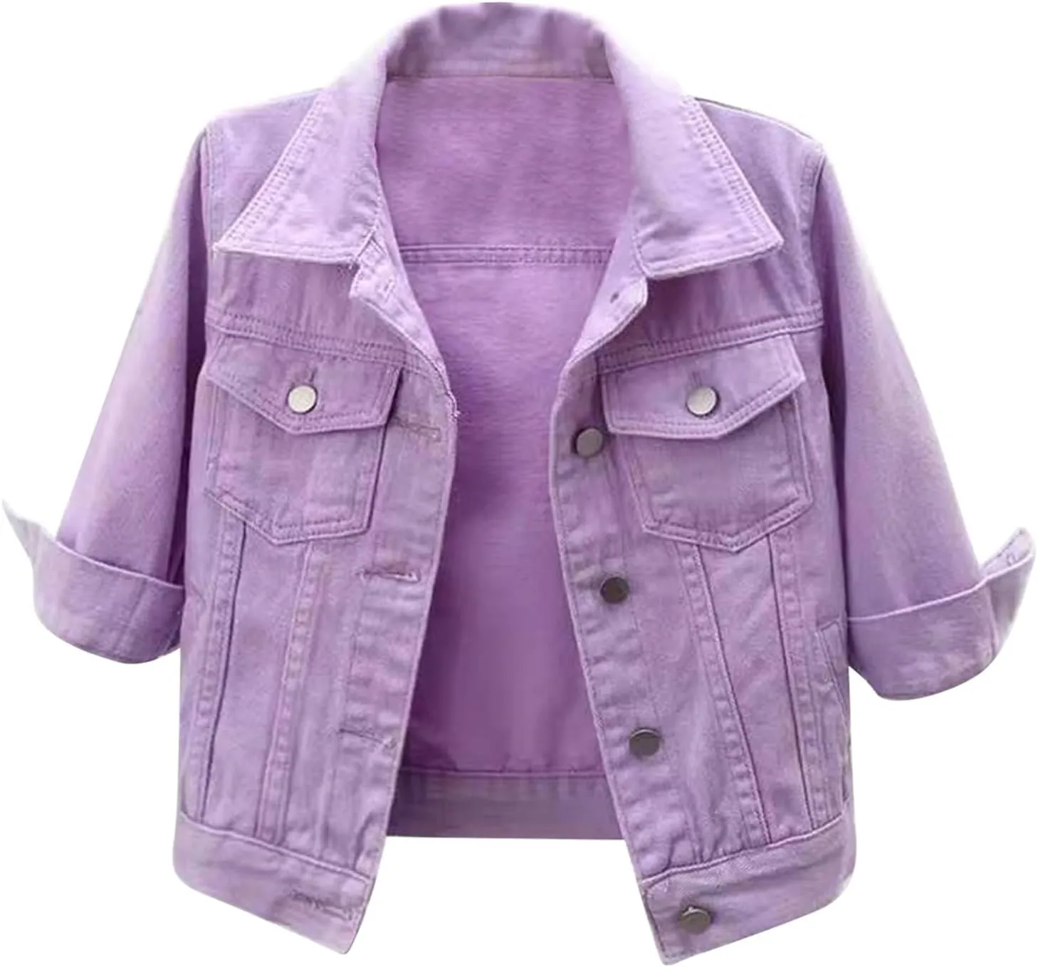 Women's 3/4 Sleeve Denim Jacket Button Down Shawl Stretch Denim Jean Jacket With Pockets