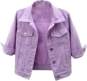 Women's 3/4 Sleeve Denim Jacket Button Down Shawl Stretch Denim Jean Jacket With Pockets