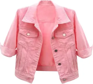 Women's 3/4 Sleeve Denim Jacket Button Down Shawl Stretch Denim Jean Jacket With Pockets