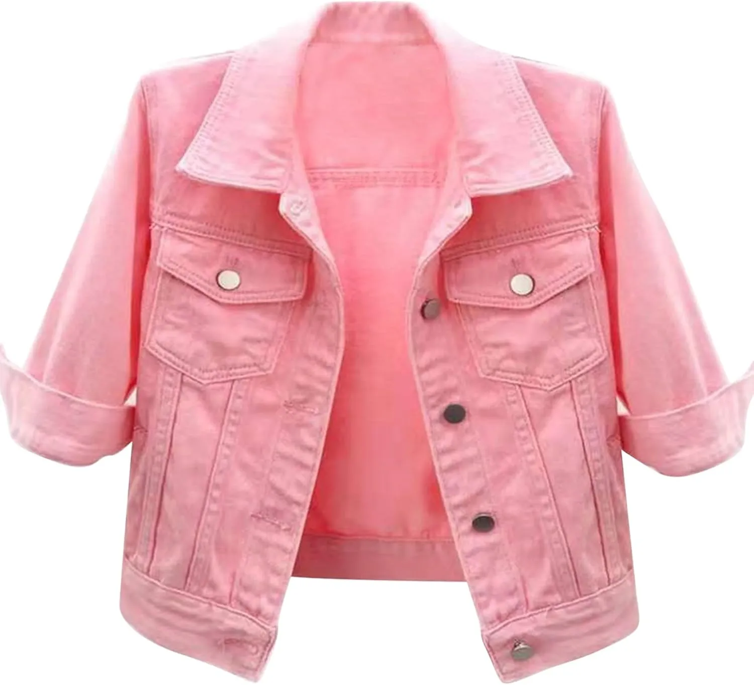 Women's 3/4 Sleeve Denim Jacket Button Down Shawl Stretch Denim Jean Jacket With Pockets