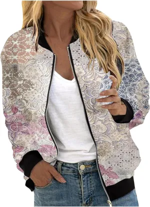 Women's Bomber Jacket Casual Coat Thin Pocket Jacket Blouse Coat Baseball Top Women's Baseball Jacket Floral Fall