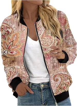 Women's Bomber Jacket Casual Coat Thin Pocket Jacket Blouse Coat Baseball Top Women's Baseball Jacket Floral Fall