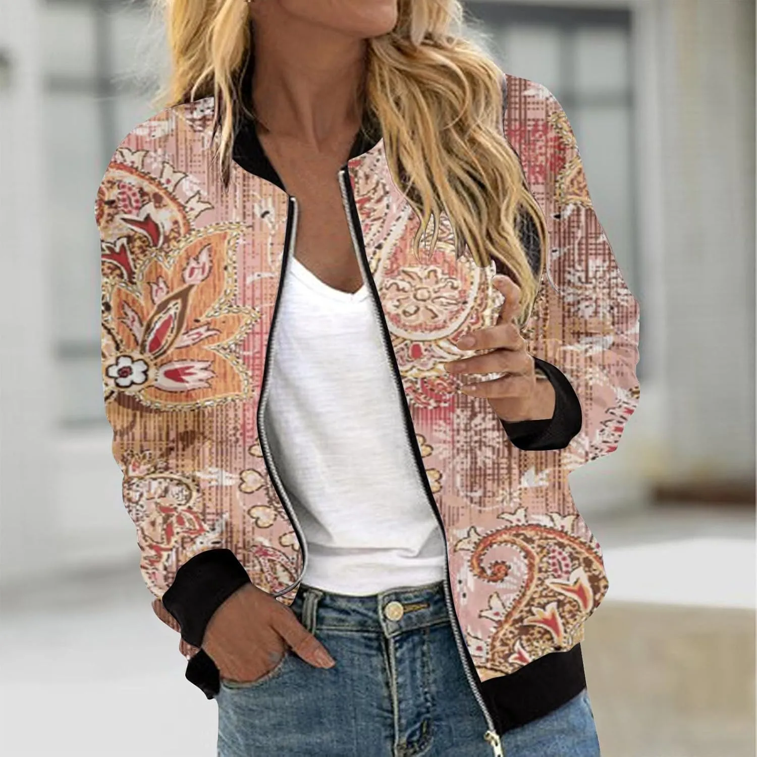 Women's Bomber Jacket Casual Coat Thin Pocket Jacket Blouse Coat Baseball Top Women's Baseball Jacket Floral Fall