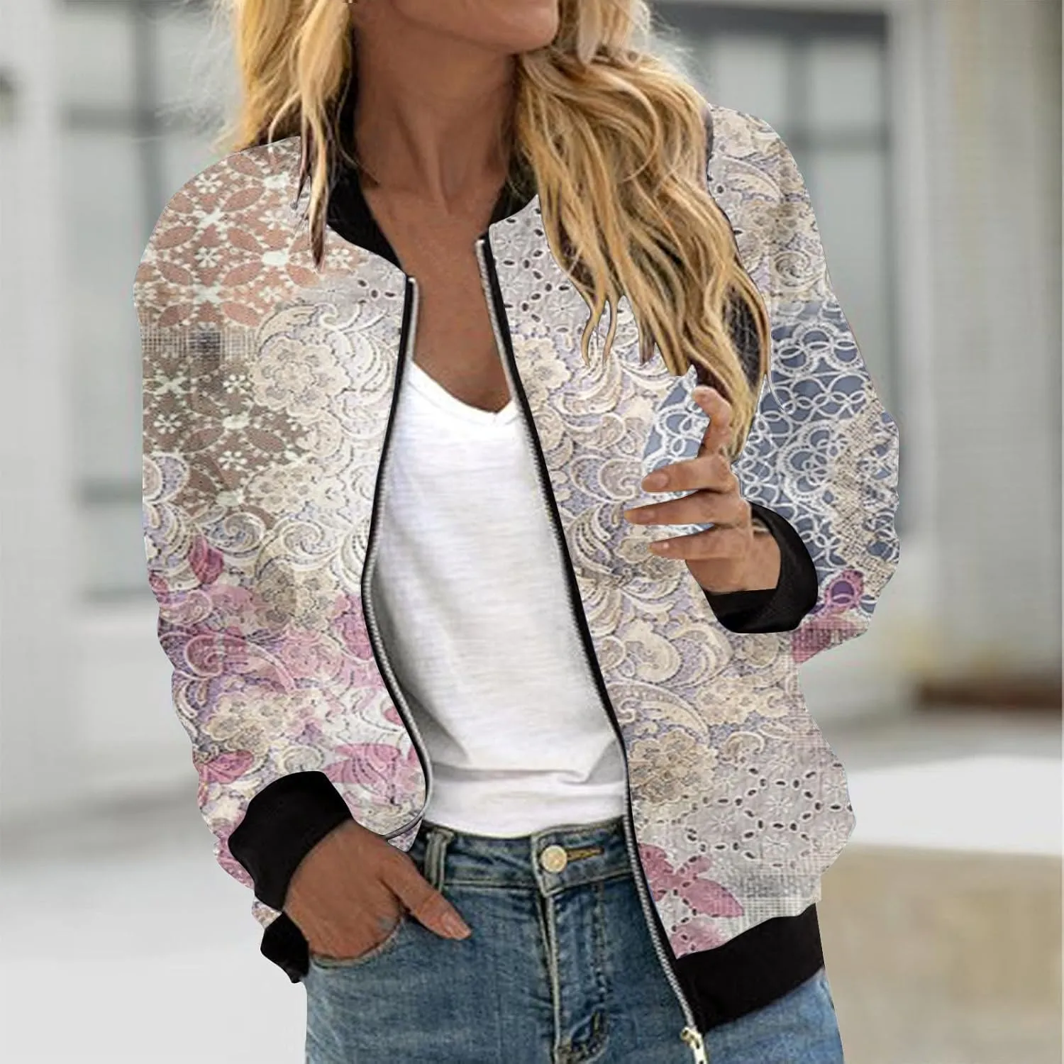 Women's Bomber Jacket Casual Coat Thin Pocket Jacket Blouse Coat Baseball Top Women's Baseball Jacket Floral Fall