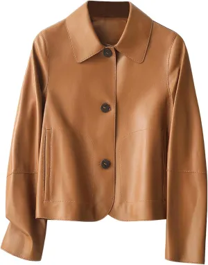 Women's Brown Sheepskin Cropped Leather Jacket - Classic Style