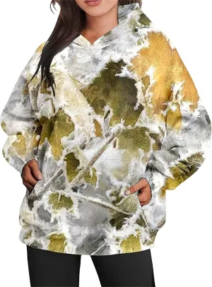 Women's Camo Hoodie Maple-Leaf Print Oversized Sweaters Fleece Casual Long Sleeve Pullover Sweatshirts with Pockets