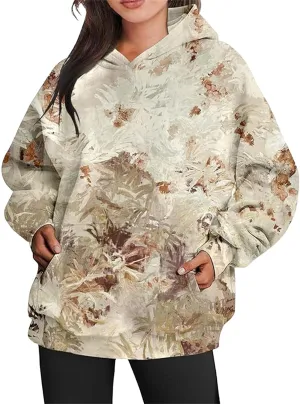 Women's Camo Hoodie Maple-Leaf Print Oversized Sweaters Fleece Casual Long Sleeve Pullover Sweatshirts with Pockets