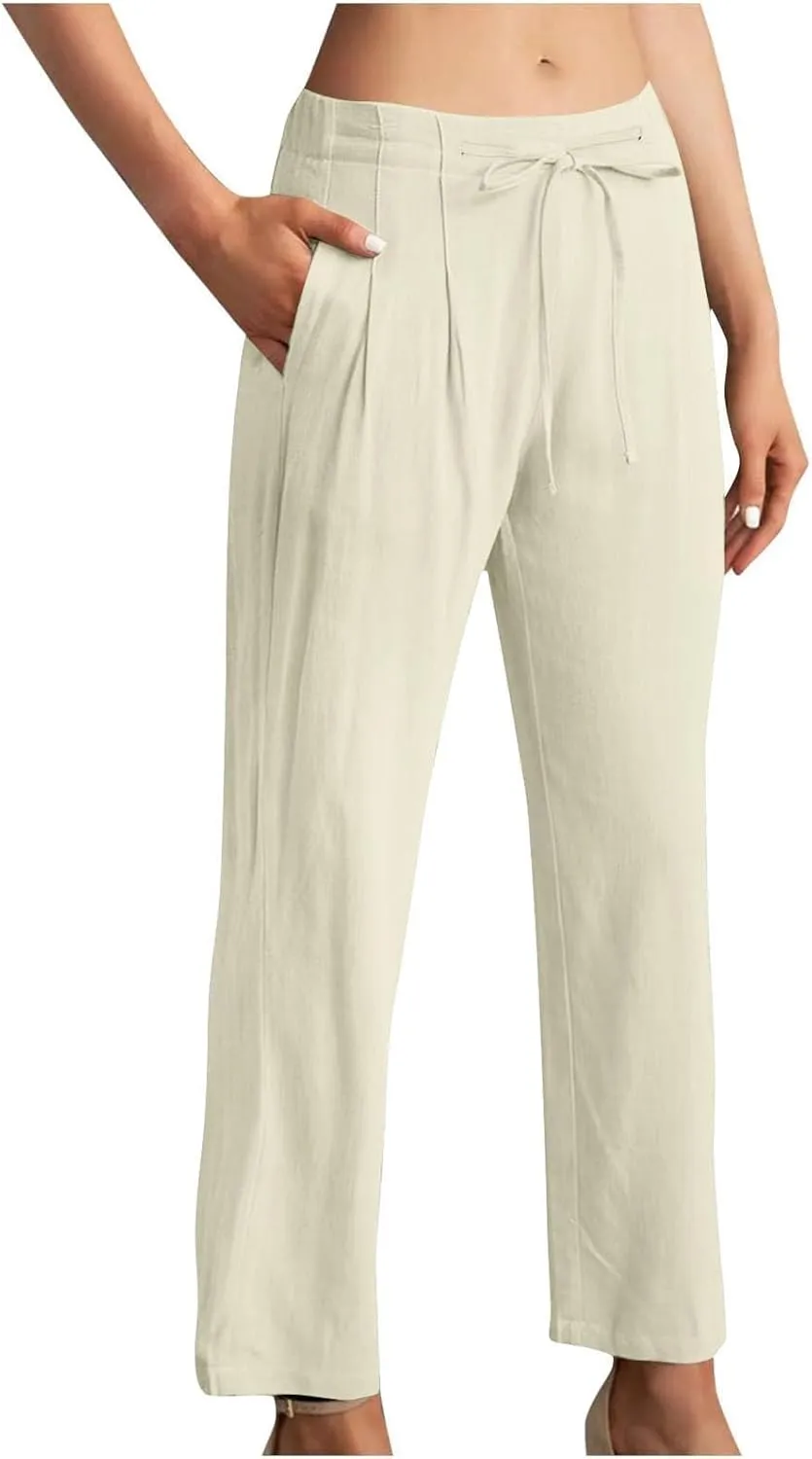 Womens Capri Pants for Summer Petite Length Linen Capris Cropped Pants Plus Size Drawstring Elastic High Waist Joggers