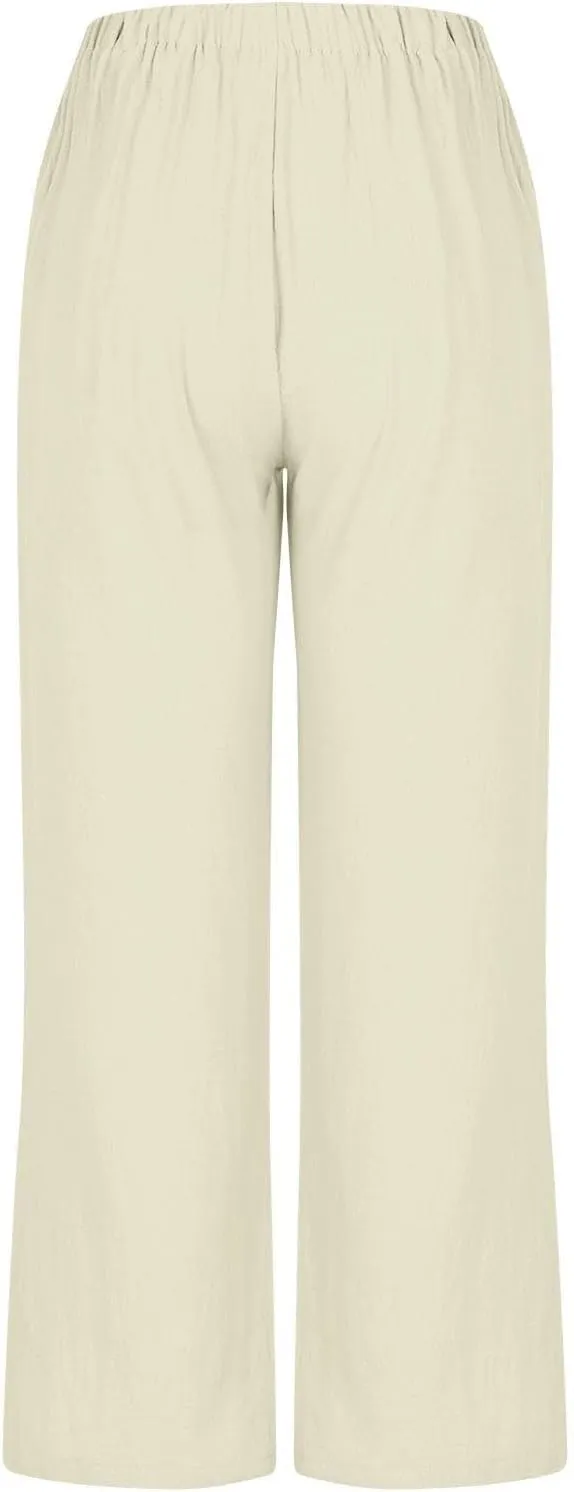 Womens Capri Pants for Summer Petite Length Linen Capris Cropped Pants Plus Size Drawstring Elastic High Waist Joggers