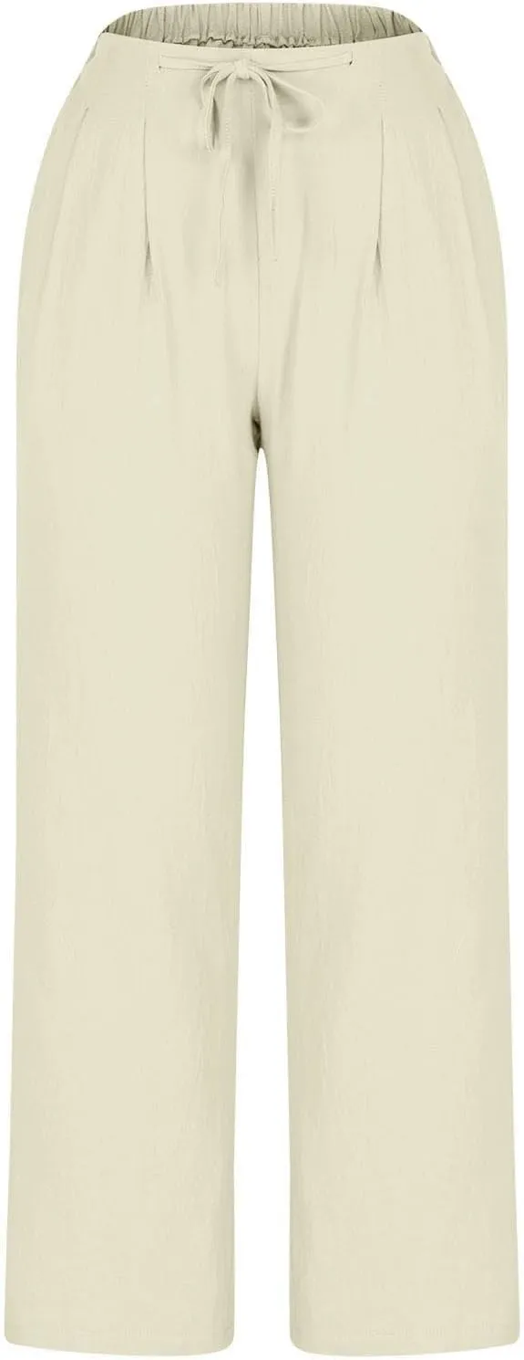 Womens Capri Pants for Summer Petite Length Linen Capris Cropped Pants Plus Size Drawstring Elastic High Waist Joggers
