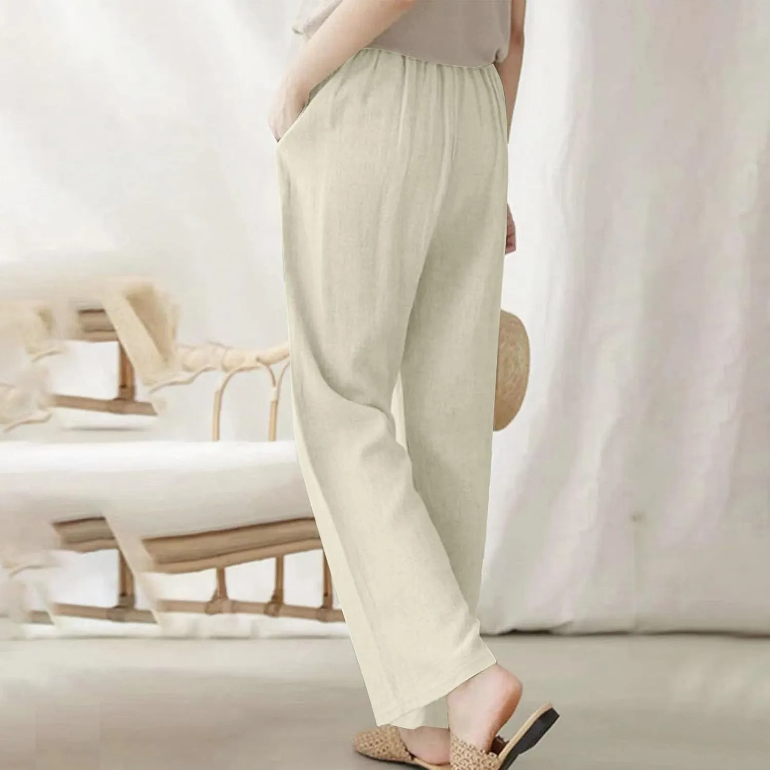 Womens Capri Pants for Summer Petite Length Linen Capris Cropped Pants Plus Size Drawstring Elastic High Waist Joggers