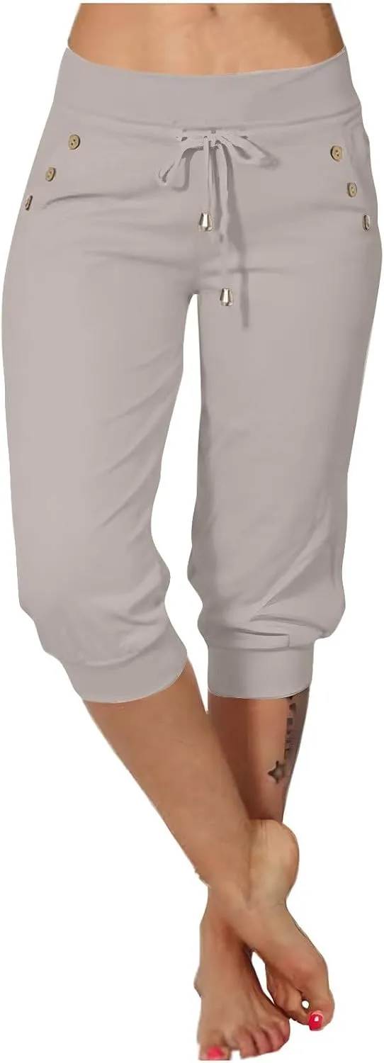 Womens Capri Trousers High Waisted Drawstring Sweatpants Cropped Pants with Button Pocket Trouser 3/4 Length Bottoms
