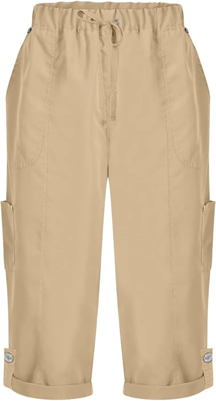 Womens Cargo Capri Trousers Plain 3/4 Length Sweatpants Cropped Work Pants Lightweight Bottoms Drawstring Trouser