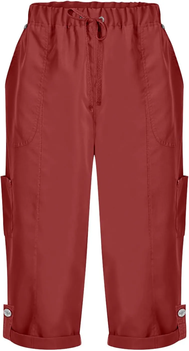 Womens Cargo Capri Trousers Plain 3/4 Length Sweatpants Cropped Work Pants Lightweight Bottoms Drawstring Trouser