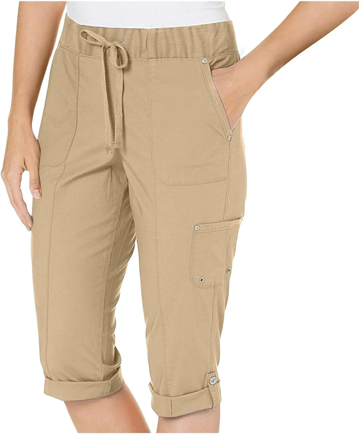 Womens Cargo Capri Trousers Plain 3/4 Length Sweatpants Cropped Work Pants Lightweight Bottoms Drawstring Trouser