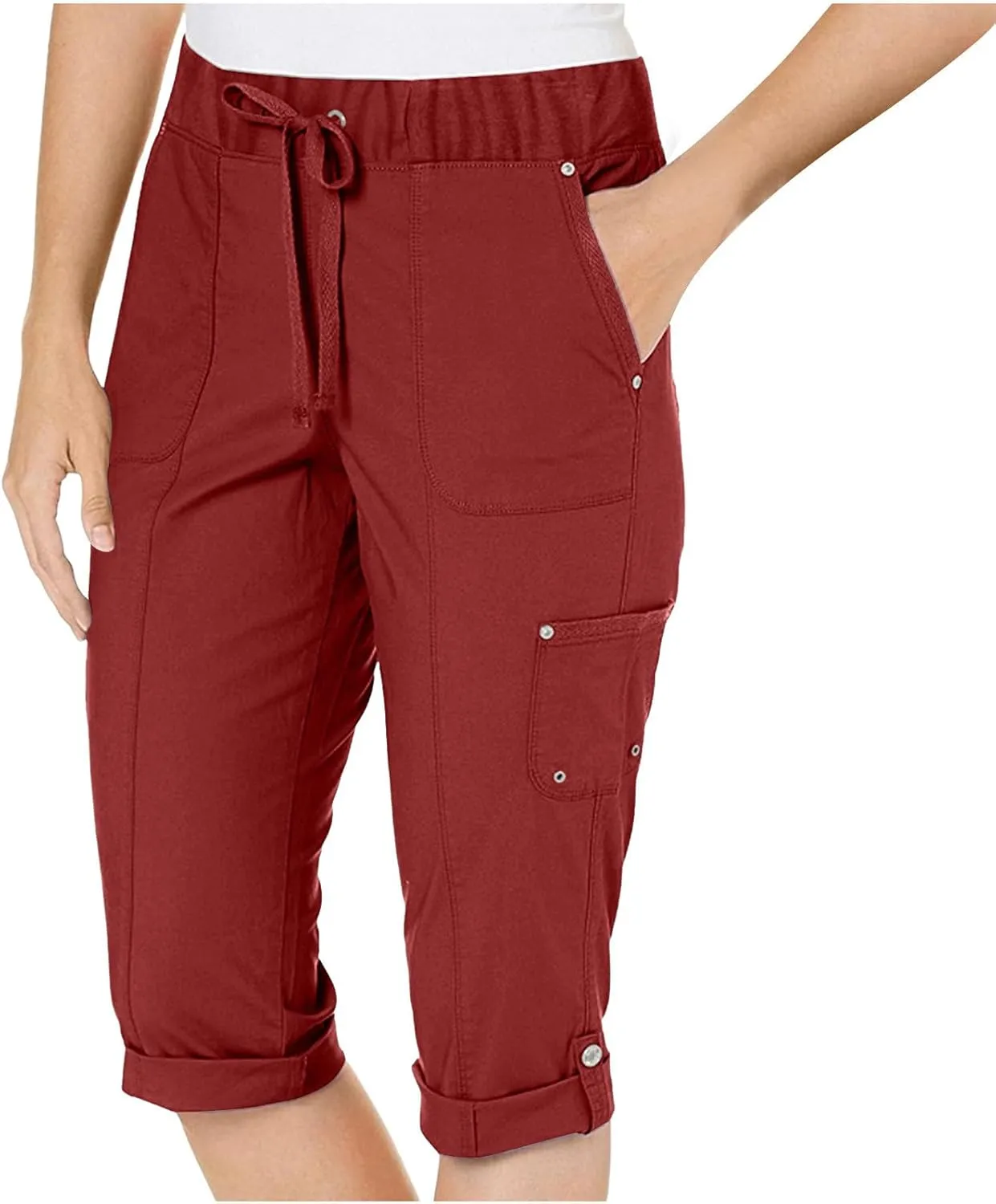 Womens Cargo Capri Trousers Plain 3/4 Length Sweatpants Cropped Work Pants Lightweight Bottoms Drawstring Trouser