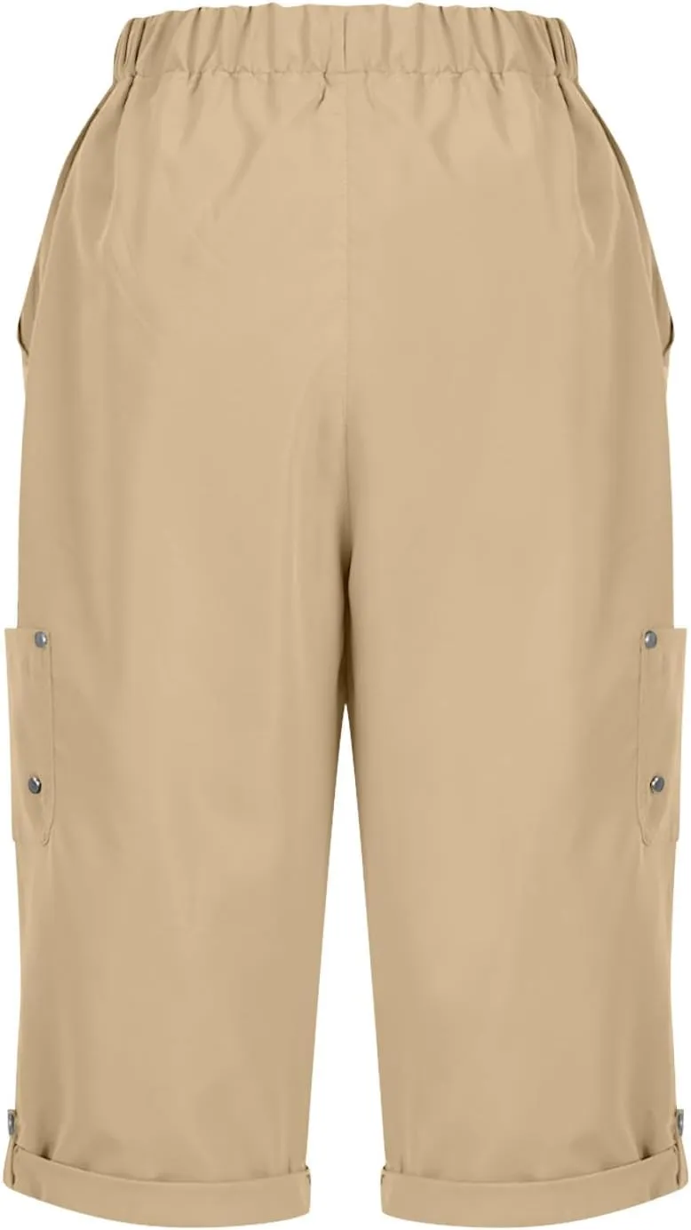 Womens Cargo Capri Trousers Plain 3/4 Length Sweatpants Cropped Work Pants Lightweight Bottoms Drawstring Trouser