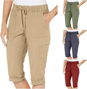 Womens Cargo Capri Trousers Plain 3/4 Length Sweatpants Cropped Work Pants Lightweight Bottoms Drawstring Trouser