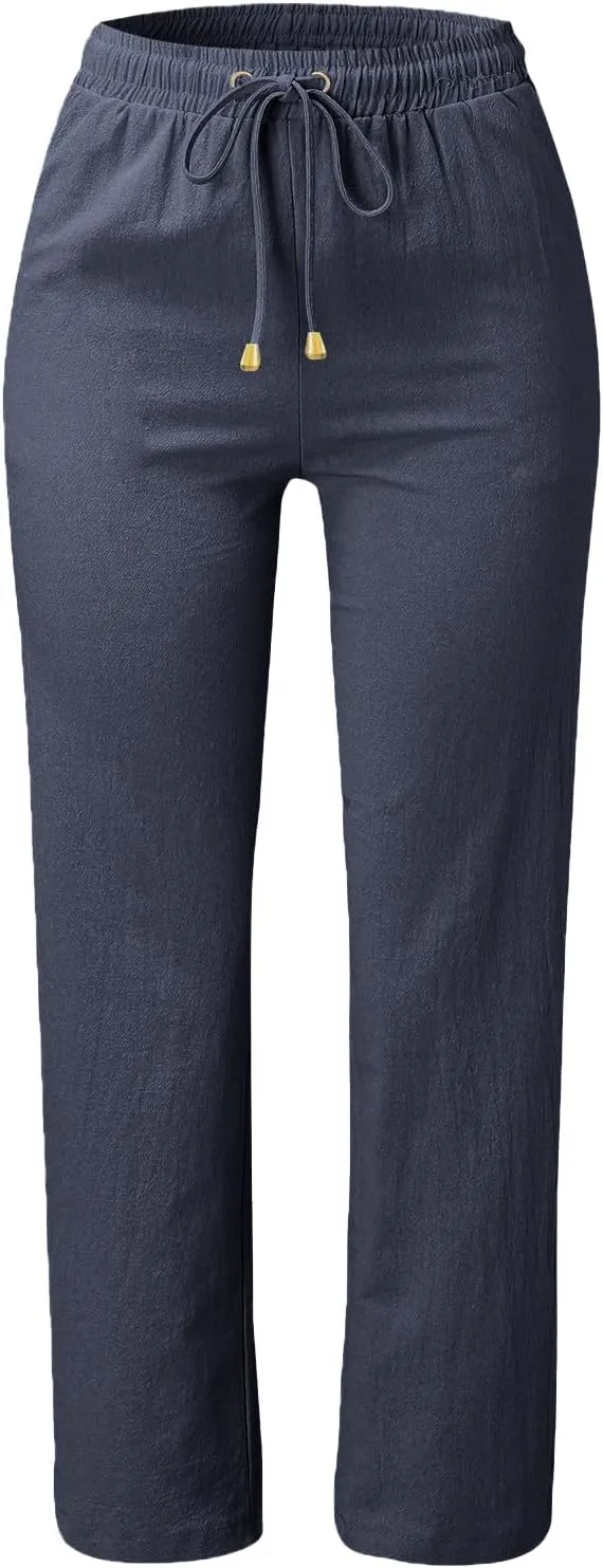 Womens Casual Cotton Linen Pants Lightweight Straight Leg Elastic Drawstring Trousers Summer Loose Fit Lounge Pants